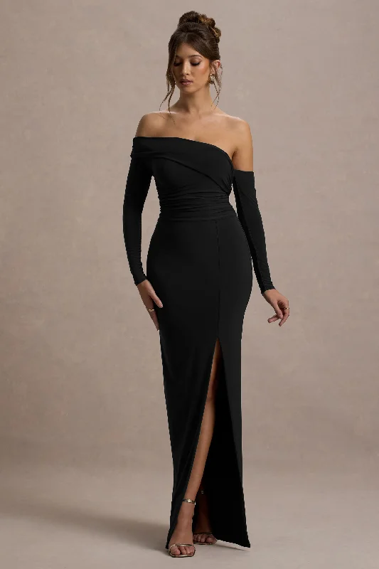 Stand Out | Black Bardot Long Sleeve Ruched Maxi With Side Split Summer maxi dresses