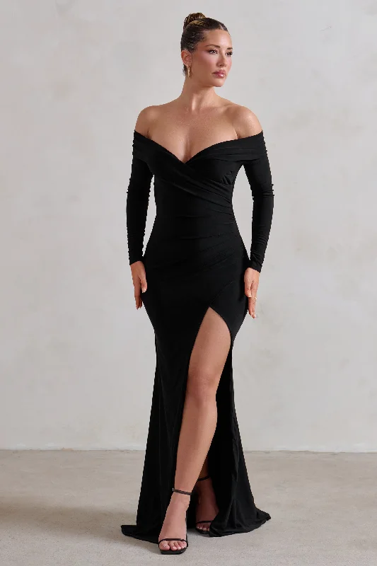 One Moment | Black Bardot Wrap Ruched Split Maxi Dress Must-have maxi dresses for this season