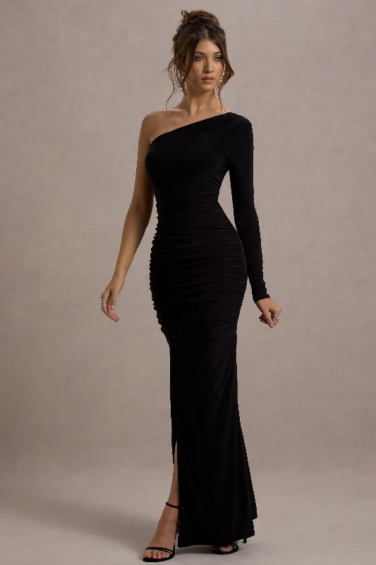 Doll | Black Asymmetric One Sleeve Ruched Maxi Dress Sequin maxi dresses