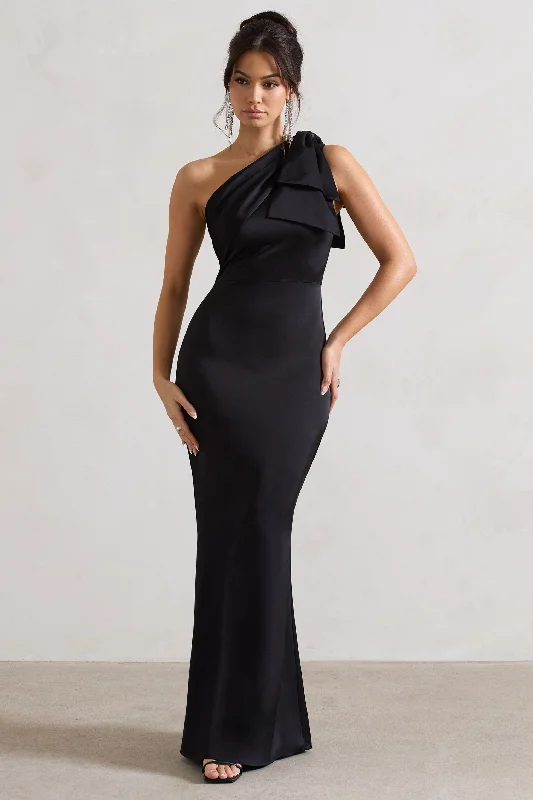 Lady | Black Satin One Shoulder Maxi Dress With Bow A-line maxi dresses