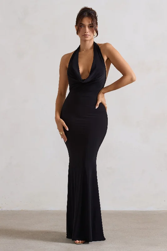 Milani | Black Backless Cowl Neck Fishtail Maxi Dress Best value maxi dresses