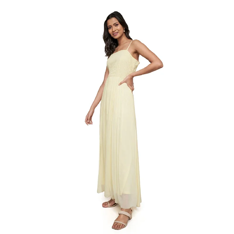 AND Women's Viscose Fit Flare Long Length Gown (EE23AB010MXCHB_Yellow_14) Dinner party dresses