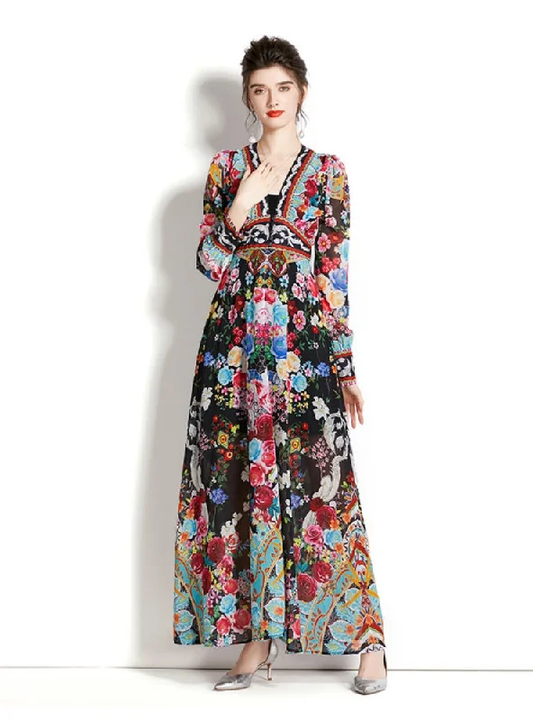 Long Sleeve Lantern Sleeve Printed Dress Wedding floral dresses