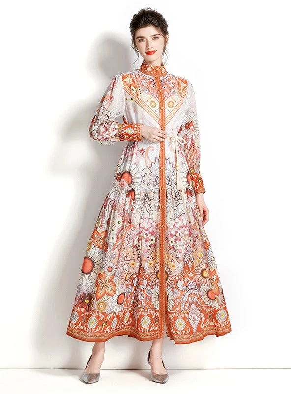 Long Sleeve Retro Lantern Sleeve Printed Dress Tiered floral dresses