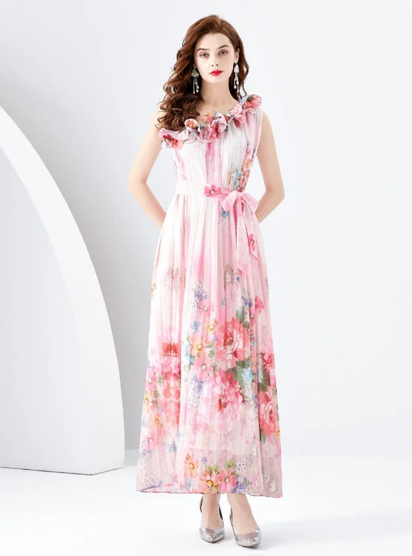 One-shoulder Pleated Wooden Ear Printed Dress Cottagecore floral dresses