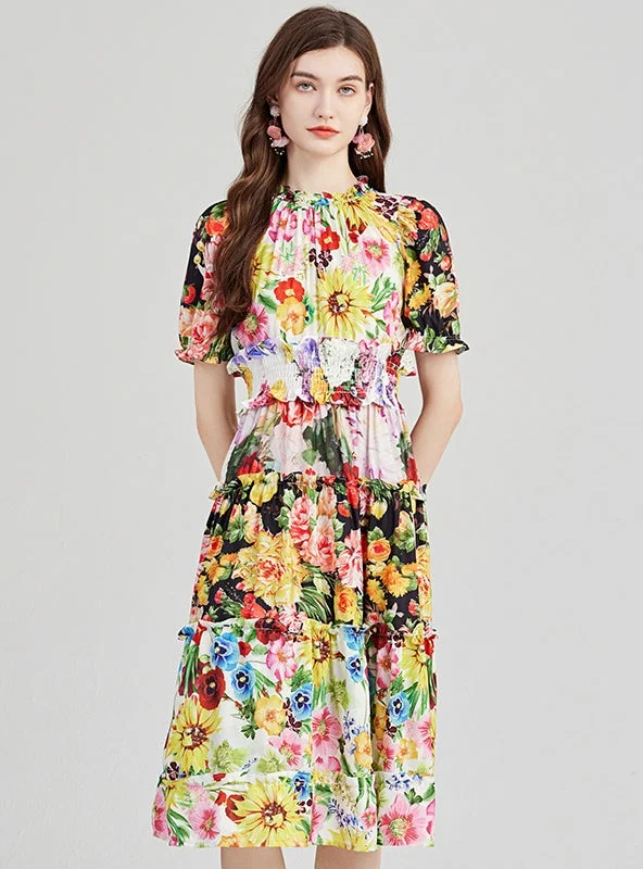 Printed Contrast High Waist Slim Short Sleeve Dress Boho floral dresses