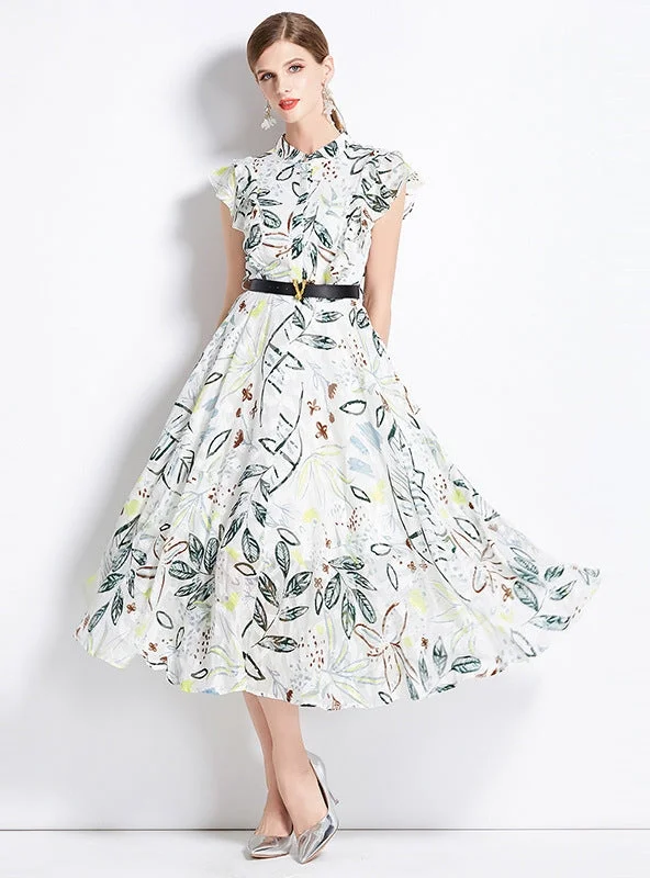 Printed Lotus Leaf Sleeve Big Swing Dress Shein floral dresses