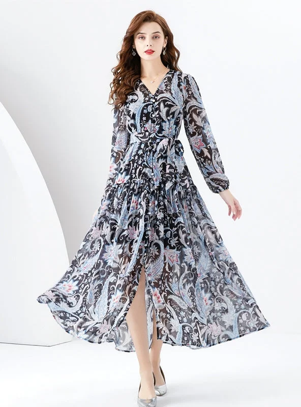 V-neck Lantern Sleeve Long Retro Print Dress Brunch floral dresses