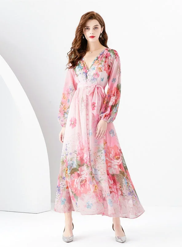 V-neck Lantern Sleeve Printed Dress Stretchy floral dresses