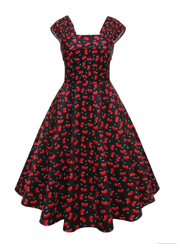 1950s Cherry Square Neck Swing Dress Festival unclassified dresses