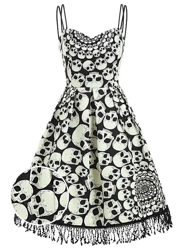 1950s Halloween Skull Fringed Cami Dress Lace unclassified dresses