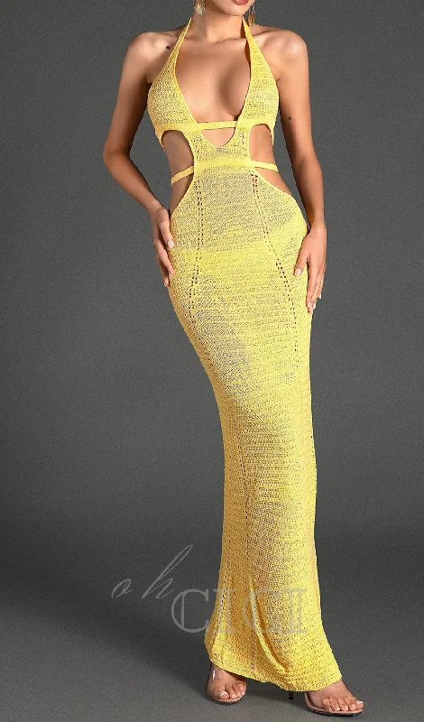 BIRIDI HALTER SHEER KNIT DRESS IN YELLOW Silk unclassified dresses