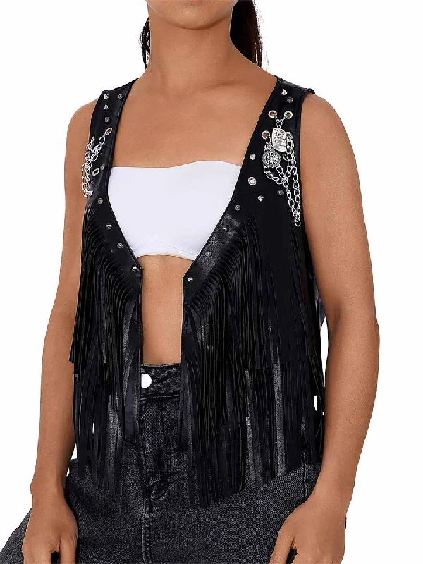 Black Leather Fringe Reflective Vest Budget-friendly unclassified dresses