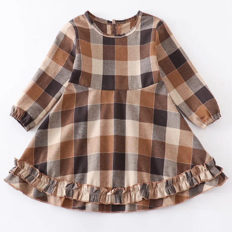 Brown Plaid Ruffle Dress Cocktail unclassified dresses