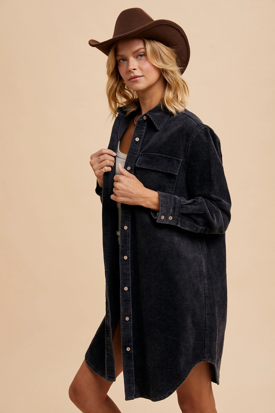 Cami Charcoal Corduroy Duster Ruffled unclassified dresses