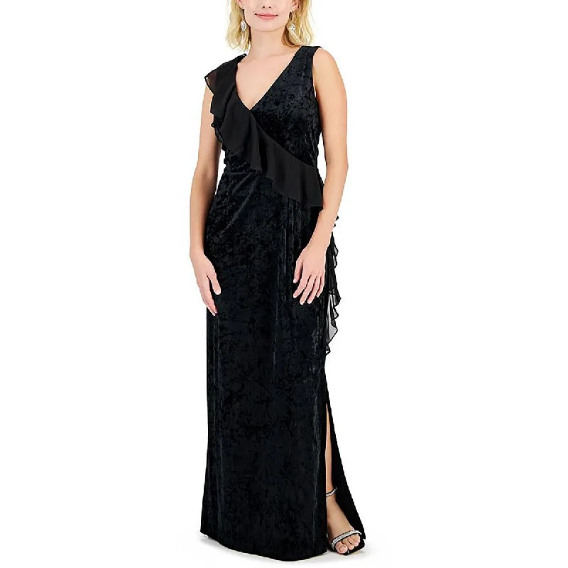 Connected Apparel Womens Petites Velvet Ruffled Evening Dress Beaded unclassified dresses