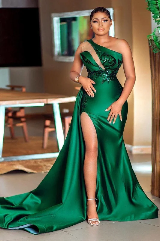 Dark green Plunging V neck One shoulder High split Mermaid Prom Dress High-end unclassified dresses