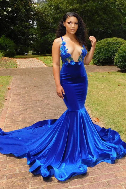 Deep V-neck Royal Blue SPAGHETTI STRAPS Mermaid Flowers Prom Dresses Elegant unclassified dresses