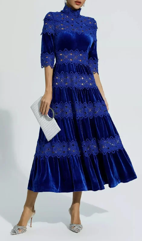 HOLLOW PATCHWORK VELVET DRESS IN BLUE Long sleeve unclassified dresses