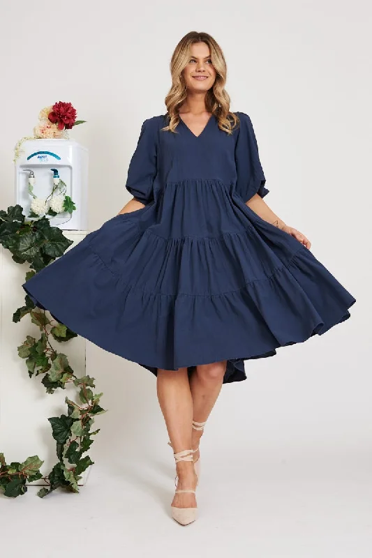 Kehlana Tiered Smock Dress In Navy Satin unclassified dresses