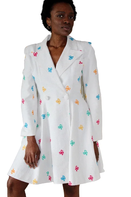 1988 Patrick Kelly White Cotton Pique Coat Dress w/Multicolored Bows Satin unclassified dresses