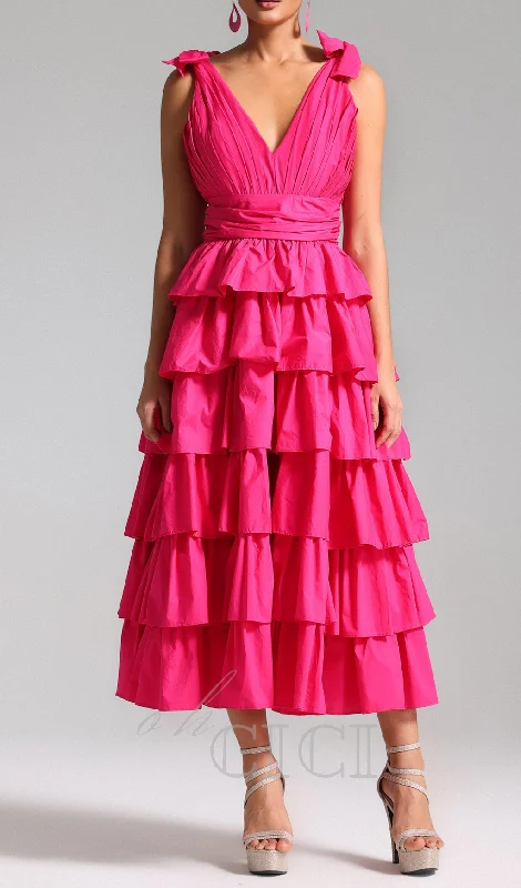 PLUNGE V RUFFLE TIERED SLIT GOWN IN PINK Smocked unclassified dresses