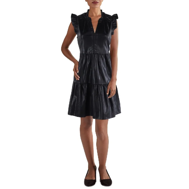 Skies Are Blue Womens Faux Leather Ruffled Fit & Flare Dress Luxury unclassified dresses