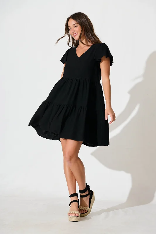 Tahiti Smock Dress In Black Linen Blend Monochrome unclassified dresses