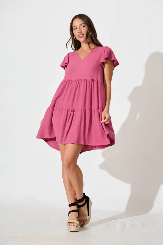 Tahiti Smock Dress In Deep Rose Linen Blend Trendy new unclassified dresses