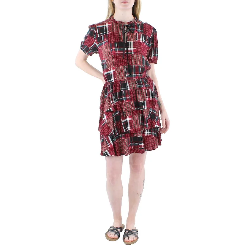 Tommy Hilfiger Womens Patchwork Tie Neck Fit & Flare Dress Holiday unclassified dresses