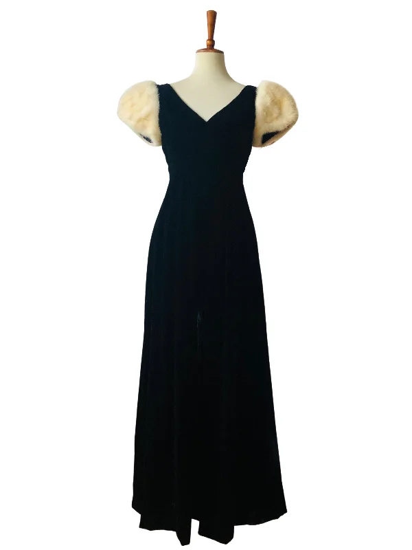 Vintage Lillie Rubin Black Velvet Gown w/Ivory Mink Sleeves Ruched unclassified dresses