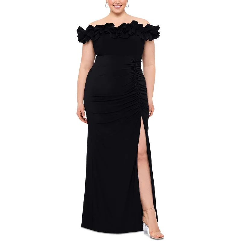 Xscape Womens Plus Full Length Off-The-Shoulder Evening Dress Long sleeve unclassified dresses