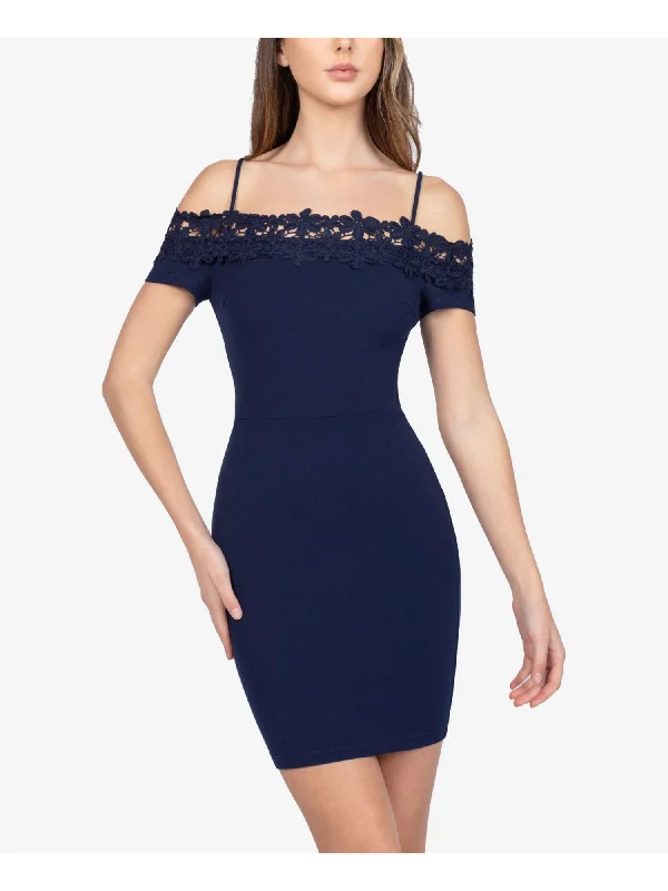 B DARLIN Womens Navy Cold Shoulder Zippered Floral Lace Trim Short Sleeve Square Neck Short Party Body Con Dress Lace Dress Party