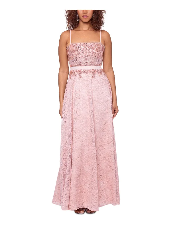 BETSY & ADAM Womens Pink Embellished Adjustable Lined Zippered Lace Spaghetti Strap Square Neck Full-Length Formal Gown Dress Lace Gown Style