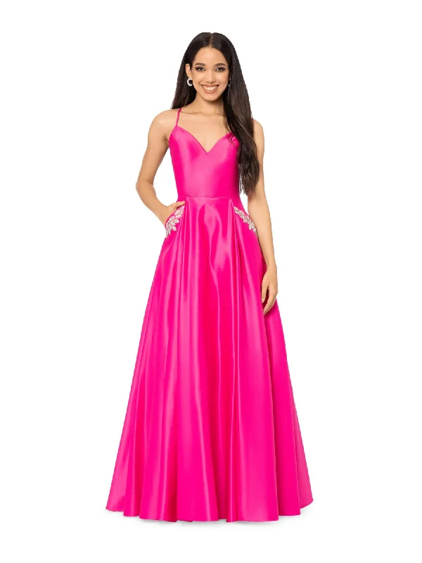 BLONDIE NITES Womens Pink Embellished Zippered Lace Up Back Pocketed Padded Spaghetti Strap Sweetheart Neckline Full-Length Formal Gown Dress Off-the-shoulder Lace