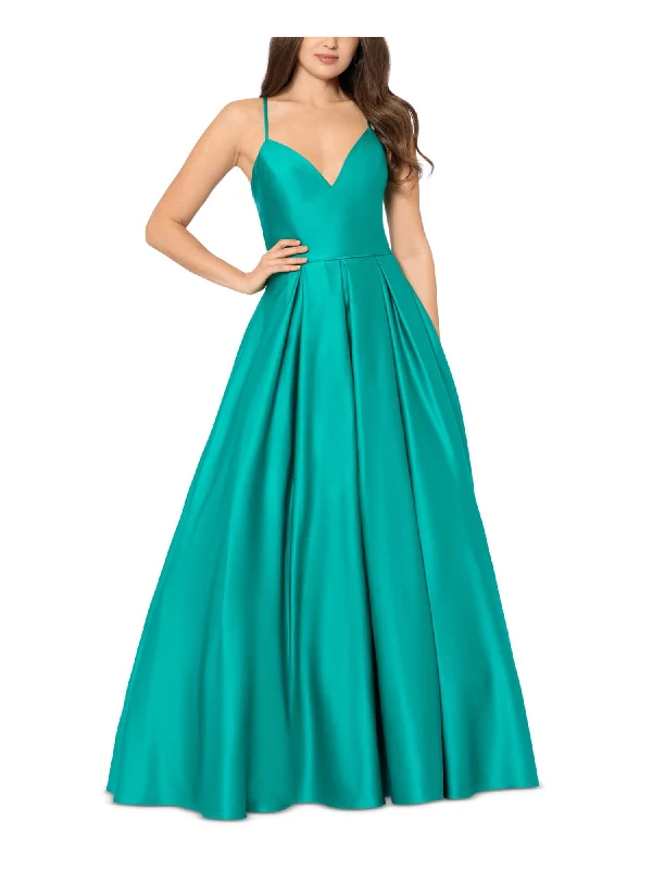 BLONDIE NITES Womens Teal Zippered Pleated Lace-up Back Pocketed Lined Spaghetti Strap V Neck Full-Length Prom Gown Dress Ruffled Lace Dress