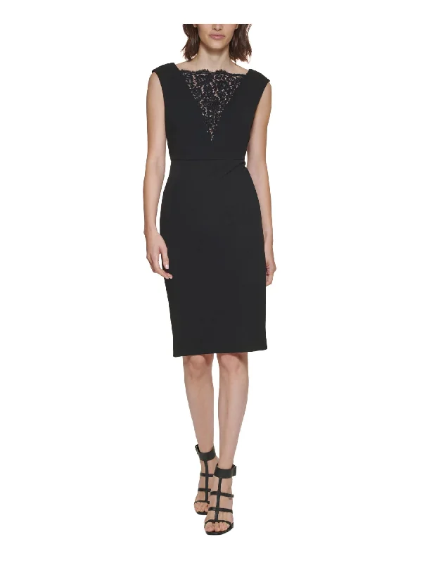 CALVIN KLEIN Womens Black Stretch Lace V Back Sleeveless Boat Neck Knee Length Cocktail Sheath Dress Lace Mini Dress