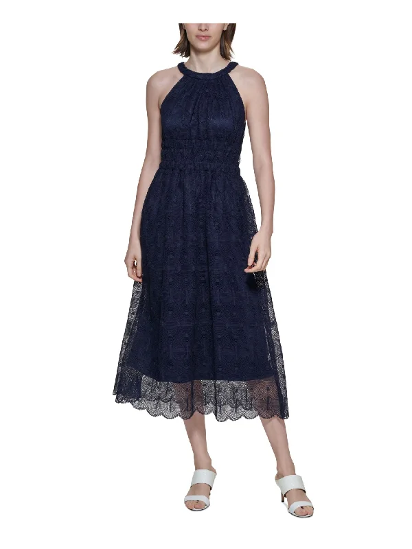 CALVIN KLEIN Womens Navy Zippered Textured Lace Lined Smocked Scalloped Sleeveless Halter Tea-Length Fit + Flare Dress Lace Shift Dress