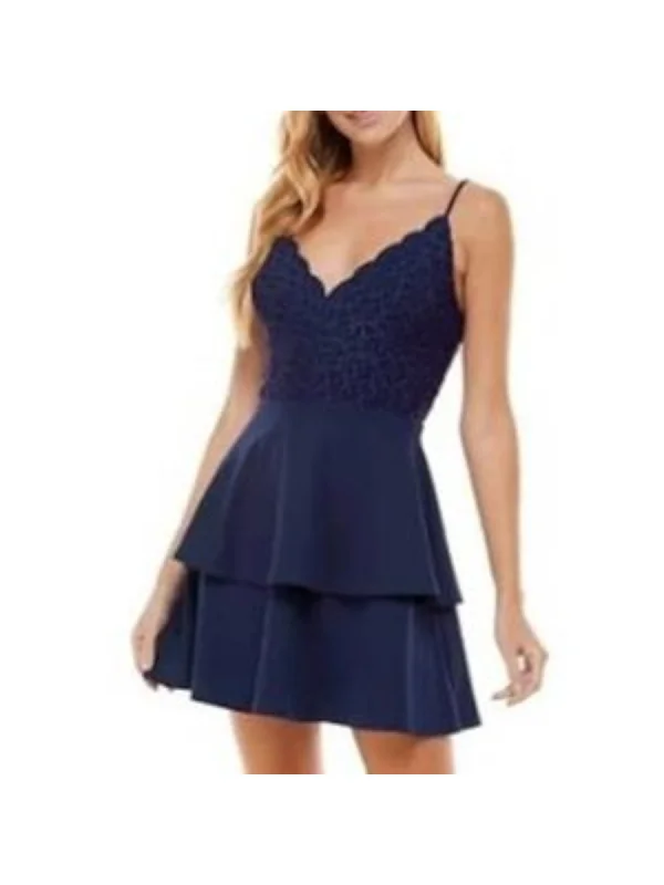 CITY STUDIO Womens Navy Stretch Zippered Darted Laced Back Glitter Sheer Spaghetti Strap V Neck Short Party Fit + Flare Dress Light Lace Dress