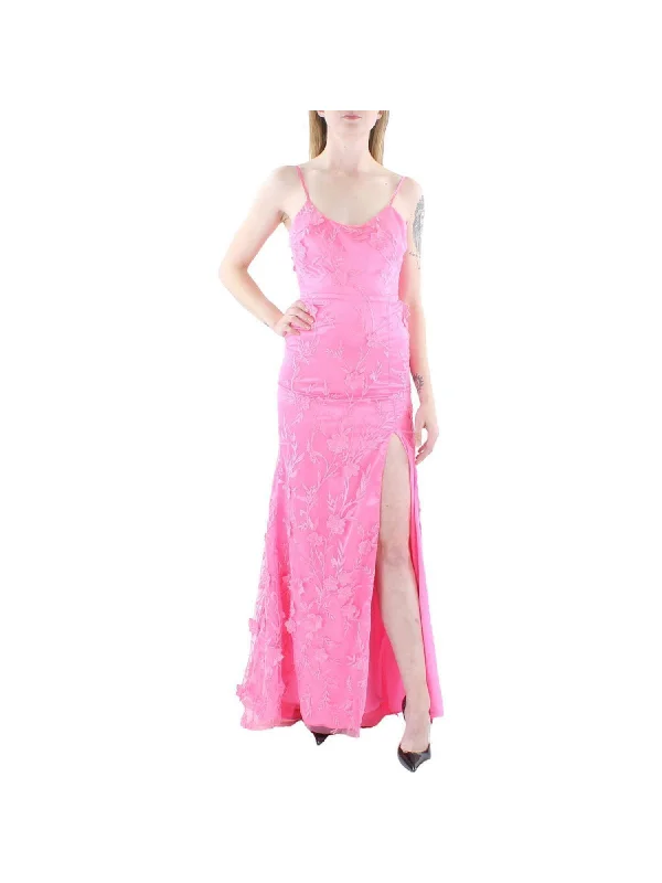 DEAR MOON Womens Pink Zippered Slitted Lace-up Back Lined Spaghetti Strap Scoop Neck Full-Length Evening Gown Dress Satin Lace Dress