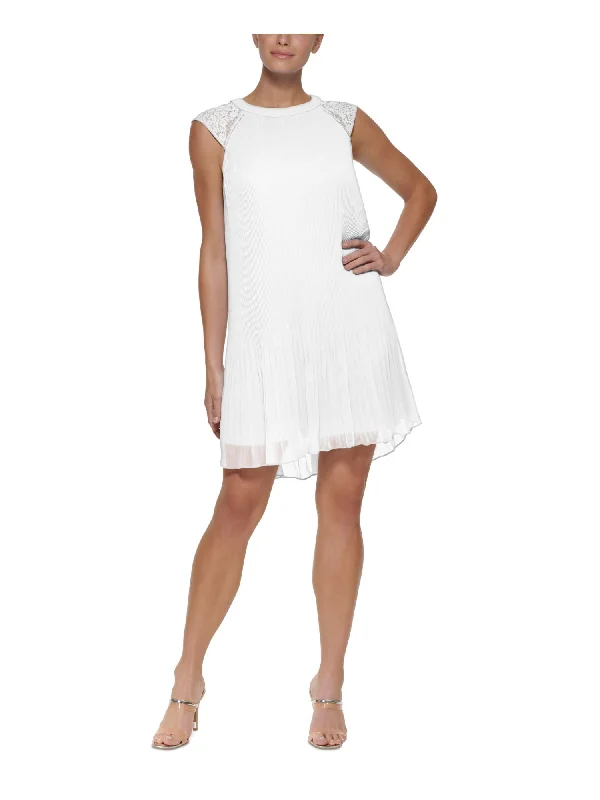 DKNY Womens White Pleated Lace Hook And Eye Closure Pullover Cap Sleeve Round Neck Above The Knee Trapeze Dress Lace Dress Sleek