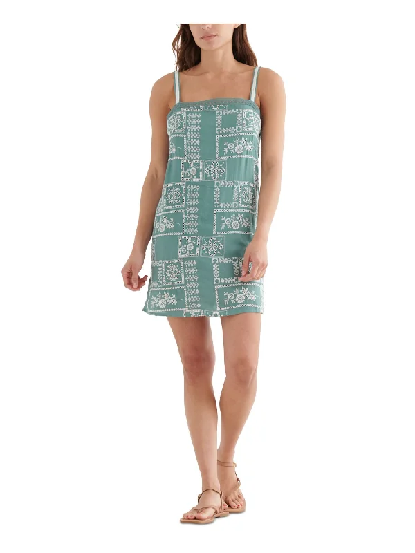 LUCKY BRAND Womens Green Embroidered Textured Lace Zippered Lined Sleeveless Square Neck Short Shift Dress Romantic Lace Dress