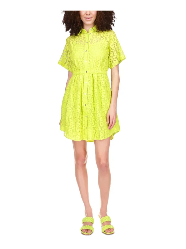 MICHAEL KORS Womens Green Lace Elastic Waist Curved Hem Lined Short Sleeve Point Collar Short Party Shirt Dress Lace Skater Dress