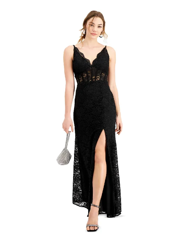 MORGAN & CO Womens Black Lace Scalloped Glitter Slitted Floral Spaghetti Strap V Neck Full-Length Prom Gown Dress Lace Overlay Dress