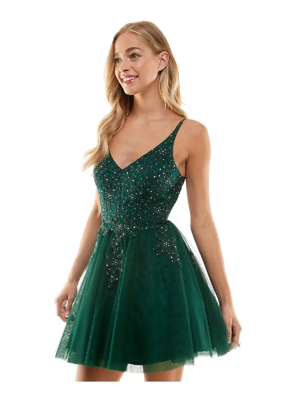 SAY YES TO THE PROM Womens Green Zippered Rhinestone Lace Up Tulle Padded Floral Spaghetti Strap V Neck Short Formal Fit + Flare Dress Sexy Lace Dress