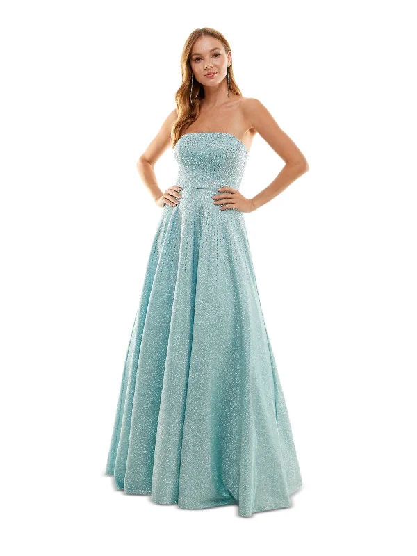 SAY YES TO THE PROM Womens Light Blue Embellished Zippered Padded Lined Tulle Lace Up Back Sleeveless Strapless Full-Length Formal Gown Dress Lace Dress Layers