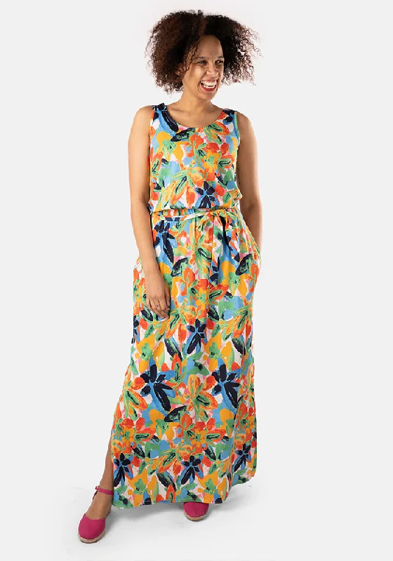 Ella-Ann Painted Floral Print Maxi Dress Flowing Boho Skirt