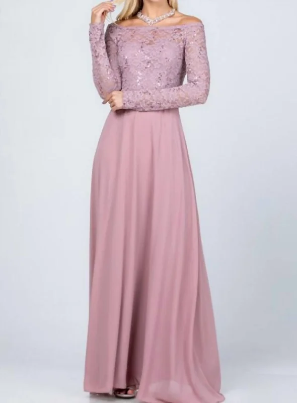 Long Sleeve Lace & Chiffon Gown In Blush Trendy Maxi Skirt