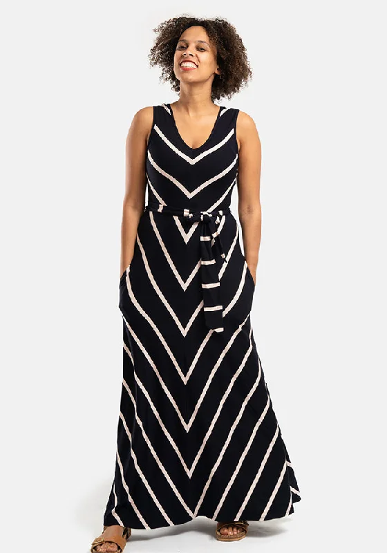 Maria Navy & Light Pink Chevron Maxi Dress Floral A-line Skirt