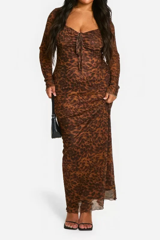 Plus Size Leopard Print Maxi Dress Pleated A-line Skirt